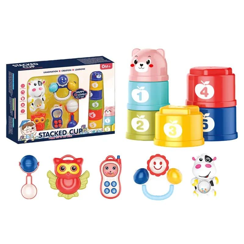 Set Interactiv Bebelusi 11 Piese, Turnulet de Sortare si Stivuire, Jucarii Zornaitoare si Dentitie, Cutie Cadou, + 0 Luni - LUDIRO