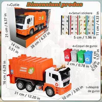 Camion de Gunoi Interactiv Pull Back cu Lumini si Sunete Realiste, Usi mobile, 4 Containere, Stimuleaza Imaginatia si Invata Despre Protectia Mediului, 31x16x10 Cm, Alb Portocaliu, +3 Ani - LUDIRO