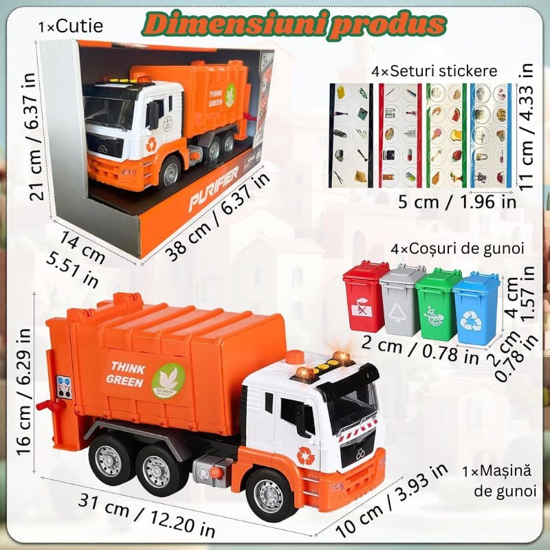 Camion de Gunoi Interactiv Pull Back cu Lumini si Sunete Realiste, Usi mobile, 4 Containere, Stimuleaza Imaginatia si Invata Despre Protectia Mediului, 31x16x10 Cm, Alb Portocaliu, +3 Ani - LUDIRO