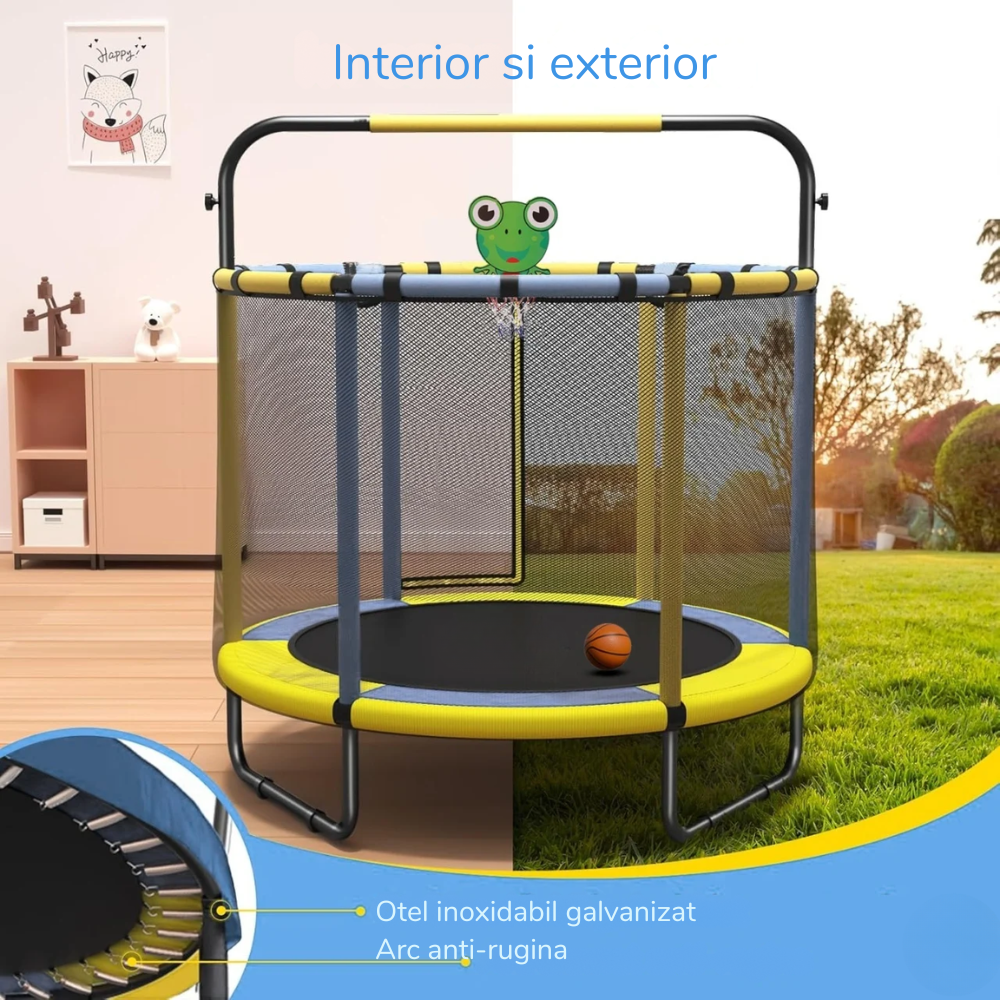 Resigilat - Trambulină pentru copii 8 în 1, Diametru 140 cm, cu plasă de siguranță, hamac, inele și coș de baschet, pentru interior și exterior, Certificare de Siguranta - LUDIRO