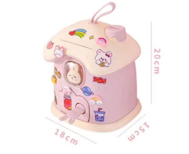 Pusculita pentru Copii cu Cheie, Stickere de Personalizare Incluse, Iepuras, Forma Ciuperca, 20x18x15 Cm, Roz, + 3 Ani - LUDIRO