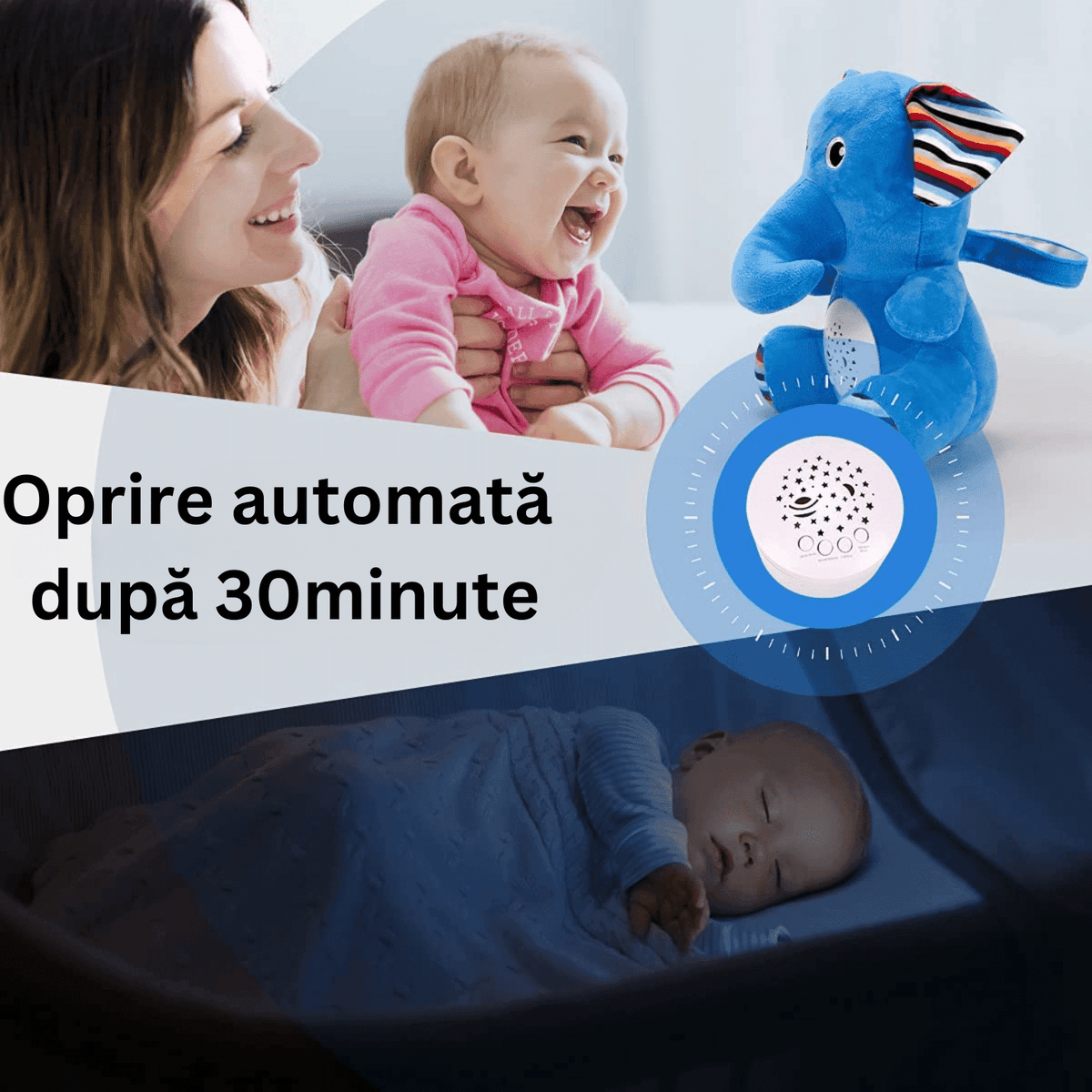 Jucarie de Plus, Elefant, Efecte de Proiectie, Lumini si Sunete pentru Bebelusi, Diferite Functii, 29 Cm, + 0 Luni - LUDIRO