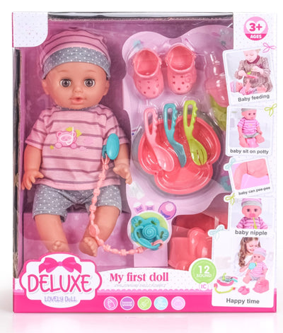 Set Papusa Bebelus Multifunctionala Care Vorbeste, Bea si Face Pipi, 12 Sunete, Olita, Suzeta, Farfurie si Tacamuri, Biberon, Papucei, 30 Cm, + 3 Ani - LUDIRO