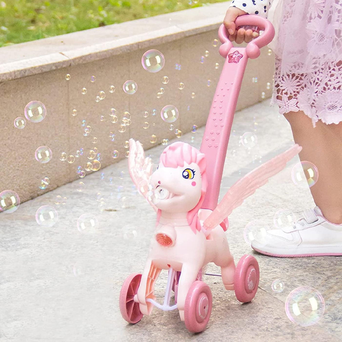 Resigilat - Jucarie Interactiva de Impins, Ponei pentru Baloane de Sapun, Aripi Mobile, Muzica si Lumini Led, Roz, 22.5x12.5x40 cm, +3 ani - LUDIRO