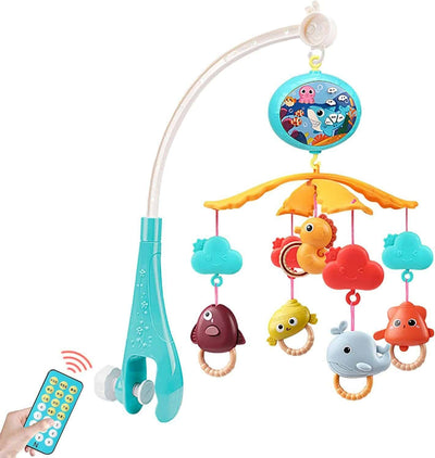 Carusel Muzical cu Telecomanda si Proiector, 200 Melodii, Volum Reglabil, Temporizator de Oprire, Functie Rotire, 54 x 9.5 Cm, Animale Marine, Albastru,+ 0 Luni - LUDIRO