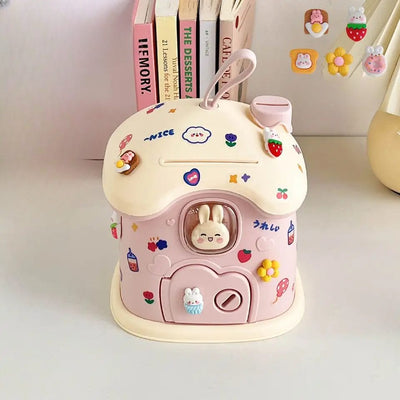 Resigilat - Pusculita pentru Copii cu Cheie, Stickere de Personalizare Incluse, Iepuras, Forma Ciuperca, 20x18x15 Cm, Roz, + 3 Ani - LUDIRO