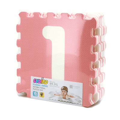 Covor Puzzle Antibacterian cu Cifre 1-9, 9 Piese 32x32 cm, Spuma EVA cu Ioni de Argint, Alb Roz - LUDIRO
