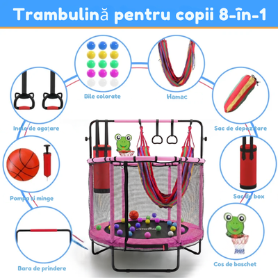 Resigilat - Trambulină pentru copii 8 în 1, Diametru 140 cm, cu plasă de siguranță, hamac, inele și coș de baschet, pentru interior și exterior, Certificare de Siguranta, Roz