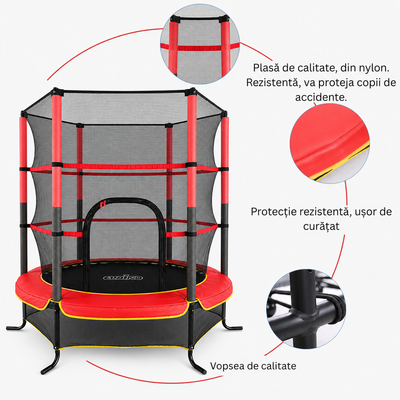 Trambulina pentru Copii LUDIRO, Diametru 140 Cm, Inaltime 160 Cm, Cu Plasa de Siguranta, Suporta 200 kg, Interior sau Exterior, Pentru Dezvoltarea Echilibrului, Rosie, + 3 Ani - LUDIRO