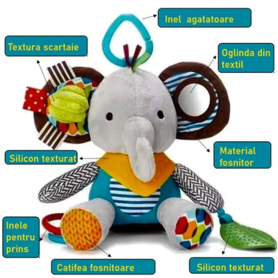 Jucărie de Pluș Interactivă Elefant pentru Bebeluși, Senzorială, Dentiție, Agățătoare, 0+ Luni - LUDIRO