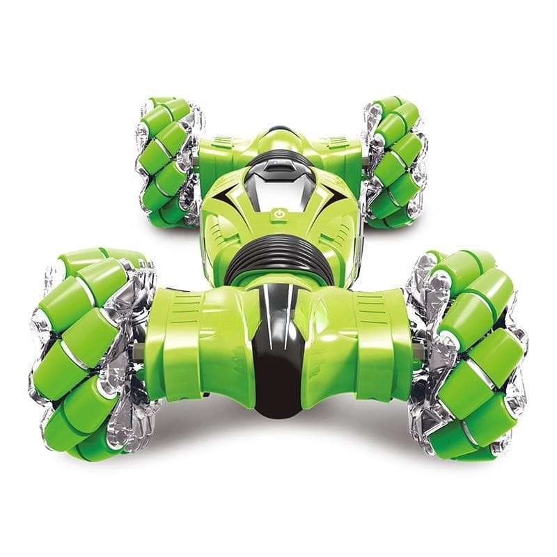 Resigilat - Masinuta de Cascadorii cu 2 Telecomenzi, Comanda Senzoriala prin Gesturi, 2.4 Ghz, Tractiune 4x4, Rotire 360 Grade, Lumini si Sunete Interactive, Flexibila, 1:12, Acumulator, Verde, 32x20x - LUDIRO