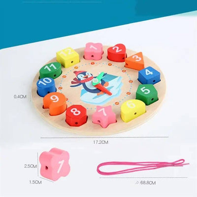 Ceas Educativ din lemn pentru Copii, Cifre Detasabile, Puzzle si Joc de Snuruit, Pinguin, + 3 Ani - LUDIRO