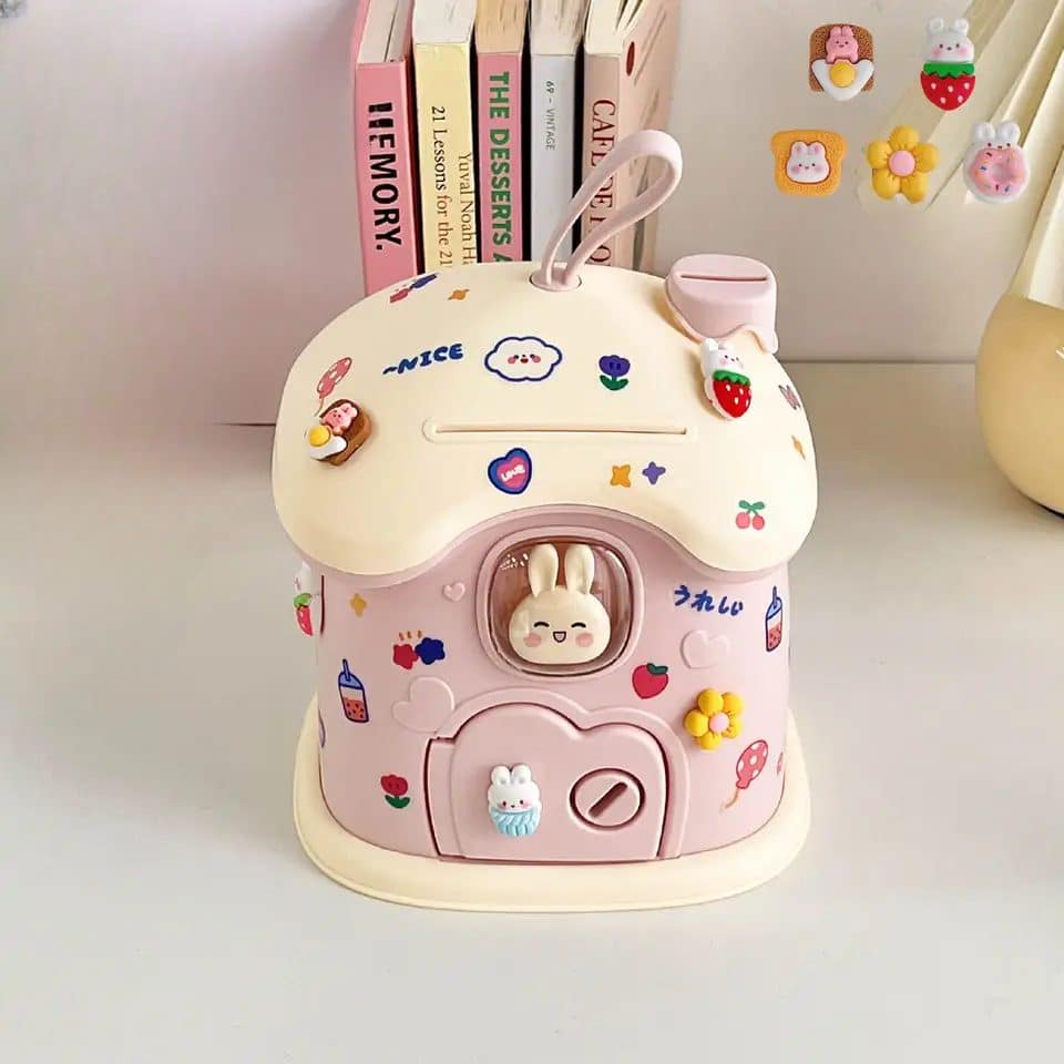 Pusculita pentru Copii cu Cheie, Stickere de Personalizare Incluse, Iepuras, Forma Ciuperca, 20x18x15 Cm, Roz, + 3 Ani - LUDIRO