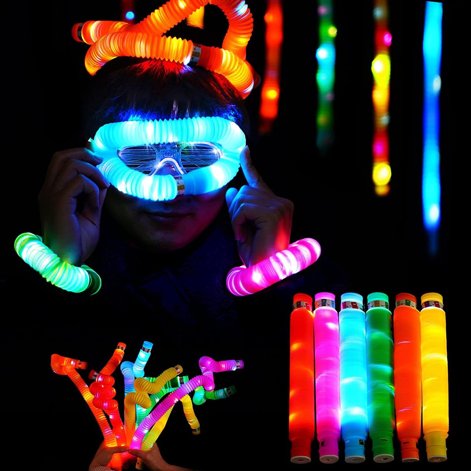 Set 6 Tuburi Antistres, cu Lumina LED, Fidget Pop Tube, 20x2 cm - LUDIRO
