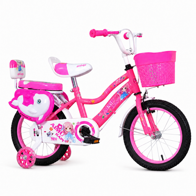 Bicicletă fete 16 inch Delfin roz, cu coș frontal, scaun spate și roți ajutătoare — vedere studio
