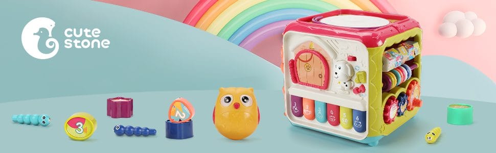 Jucarie Interactiva pentru Bebelusi, Cub Activitati 6 in 1, Muzica si Lumini, Multifunctional, 20x20x20 cm, + 3 Luni - LUDIRO