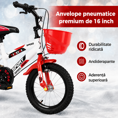 Bicicleta pentru copii 16 inch pentru 4–8 ani, alb rosu, cu roti ajutatoare, cos si bidon pentru apa - LUDIRO