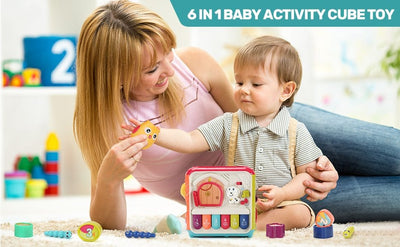 Jucarie Interactiva pentru Bebelusi, Cub Activitati 6 in 1, Muzica si Lumini, Multifunctional, 20x20x20 cm, + 3 Luni - LUDIRO