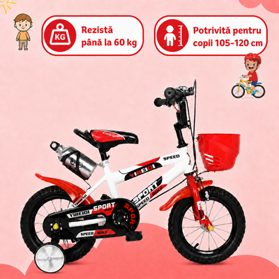 Bicicleta pentru copii 16 inch pentru 4–8 ani, alb rosu, cu roti ajutatoare, cos si bidon pentru apa - LUDIRO