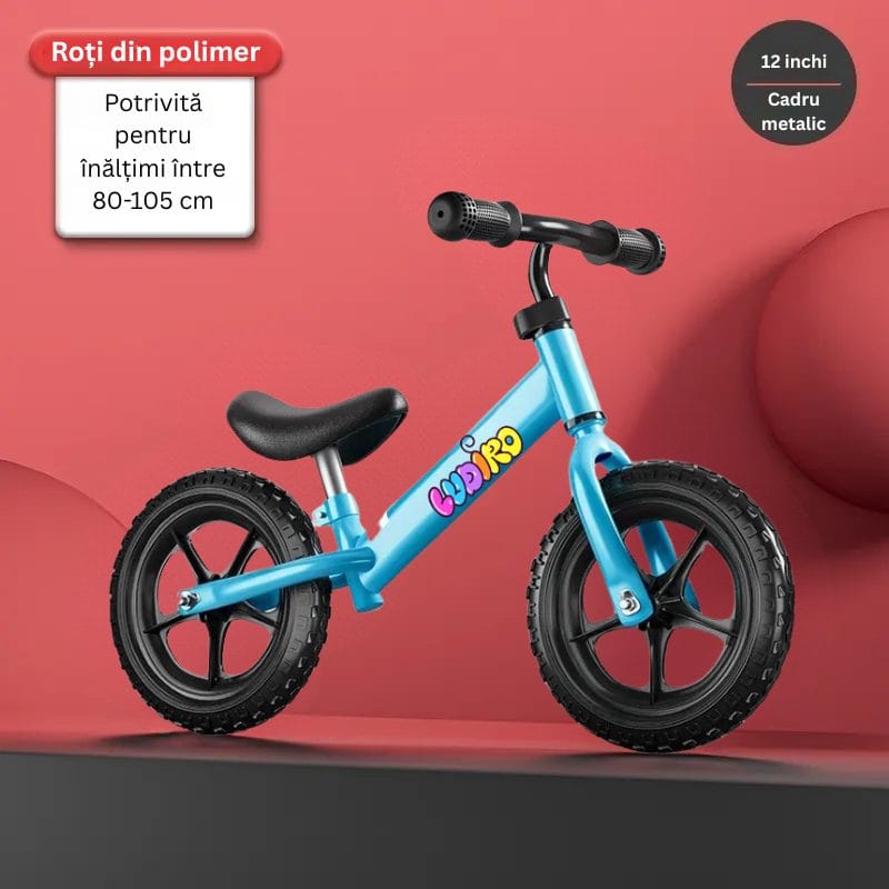 Bicicleta de Echilibru fara Pedale LUDIRO pentru Copii intre 2-5 Ani, Reglabila pe Inaltime, Rotire Ghidon 360 Grade, Roti din Polimer Antisoc Diametru 30 Cm, Cadru Metalic, Bleu - LUDIRO