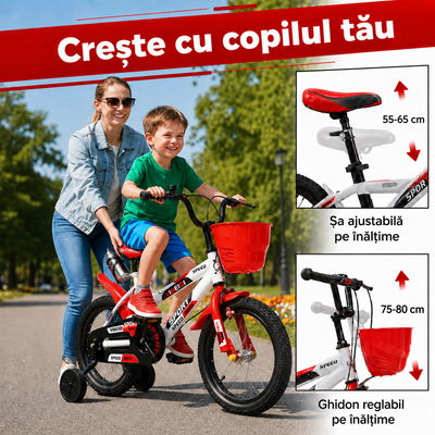 Bicicleta pentru copii 16 inch pentru 4–8 ani, alb rosu, cu roti ajutatoare, cos si bidon pentru apa - LUDIRO