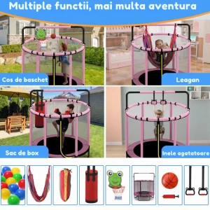 Trambulină pentru copii 8 în 1, Diametru 140 cm, cu plasă de siguranță, hamac, inele și coș de baschet, pentru interior și exterior, Certificare de Siguranta, Roz - LUDIRO