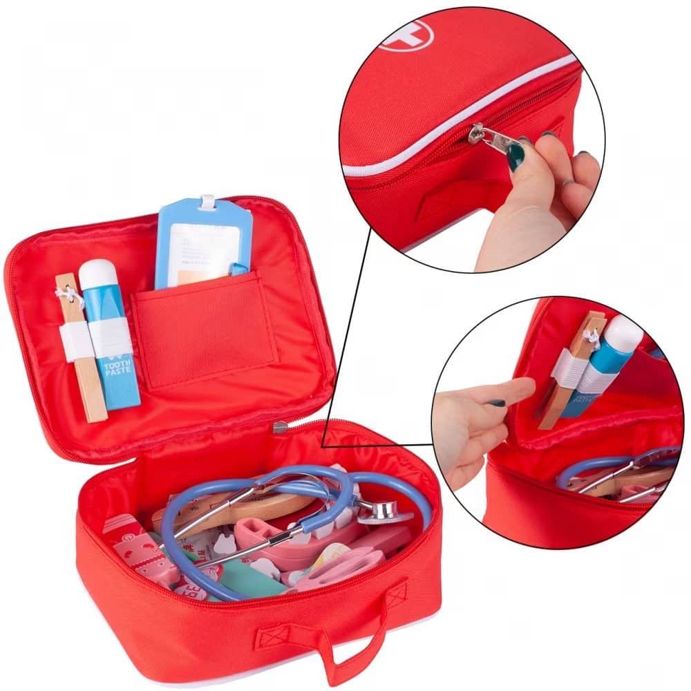 Trusa Medicala din Lemn, Accesorii Dentare, Termometru, Stetoscop, Seringa, Mulaj Dentar, Set Creativ si Interactiv, Geanta Depozitare, Rosu, + 3 Ani - LUDIRO