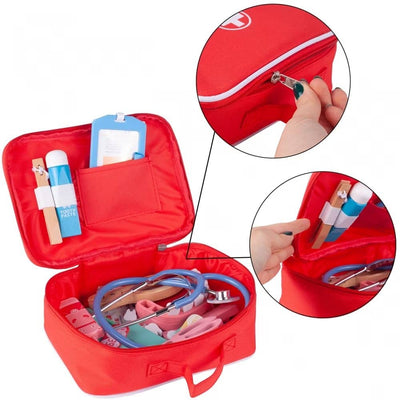 Trusa Medicala din Lemn, Accesorii Dentare, Termometru, Stetoscop, Seringa, Mulaj Dentar, Set Creativ si Interactiv, Geanta Depozitare, Rosu, + 3 Ani - LUDIRO