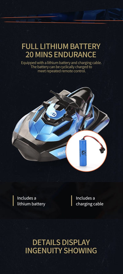 Barca cu Telecomanda, Skijet, Scara 1:47, Motor Dual, Rotatie 360 Grade, Viteza Maxima 15 km/h, Acumulator cu Incarcare USB, 22.5x9x9 Cm, Albastru, + 14 Ani - LUDIRO