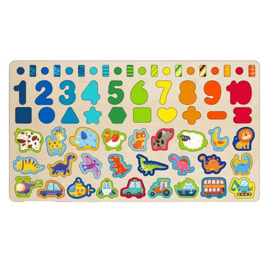 Jucarie Educativa Multifunctionala Montessori, Puzzle din Lemn cu Cifre, Forme, Animale, Dinozauri si Vehicule pentru Dezvoltarea Cognitiva, Ideal pentru Copii Prescolari, 40x22.5 Cm, + 3 Ani - LUDIRO