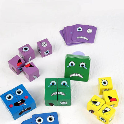 Set 16 Cuburi de Constructie din Lemn, 4 Jucatori, 64 Posibilitati cu Cartonase, Imita Expresii Faciale si Emotii, +3 Ani - LUDIRO