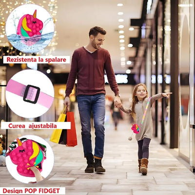 Jucarie Interactiva Antistres Tip Gentuta de Umar Pop IT NOW din Silicon, Cu Fermoar si Curea, Model Unicorn, 12X12X4 cm, Fuchsia, + 3 Ani - LUDIRO