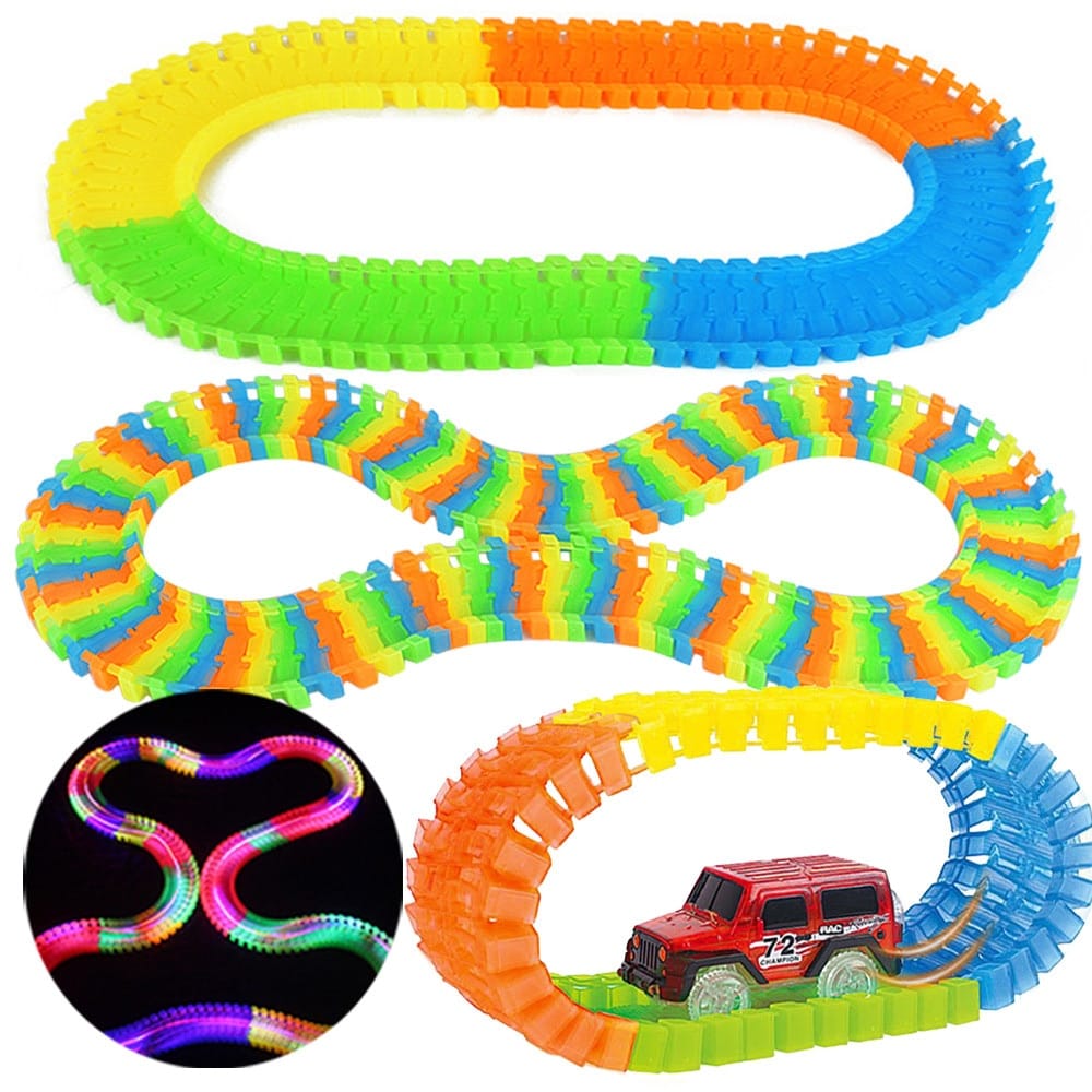 Set Circuit Auto, 1 Masina Interactiva, 169 Piese, Multiple Modalitati de Asamblare, Rampa Manuala, Straluceste in Intuneric, Lungime Totala 390 Cm, + 3 Ani - LUDIRO