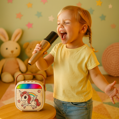 Resigilat - Set Karaoke Copii Unicorn Ludiro cu Microfon Wireless, Bluetooth si Schimbare Voce, + 3 Ani - LUDIRO