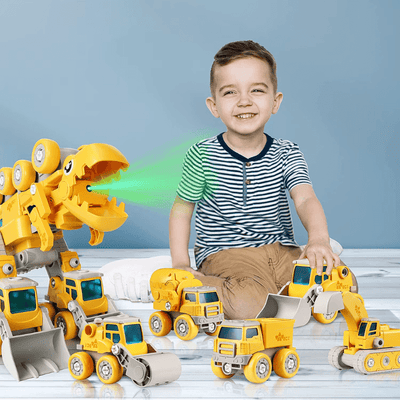 Dinozaur Transformabil 5 in 1 cu Vehicule de Constructii STEM, Sunete si Lumini - LUDIRO