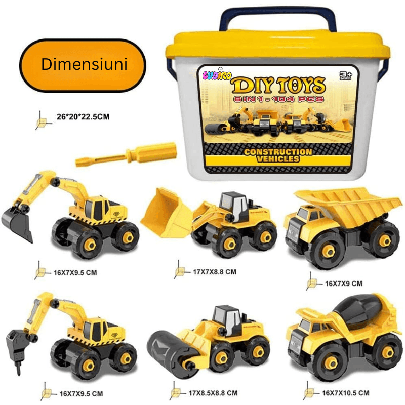 Utilaje Constructii pentru Copii 6 in 1 Ludiro, 104 Piese DIY cu Surubelnita - LUDIRO