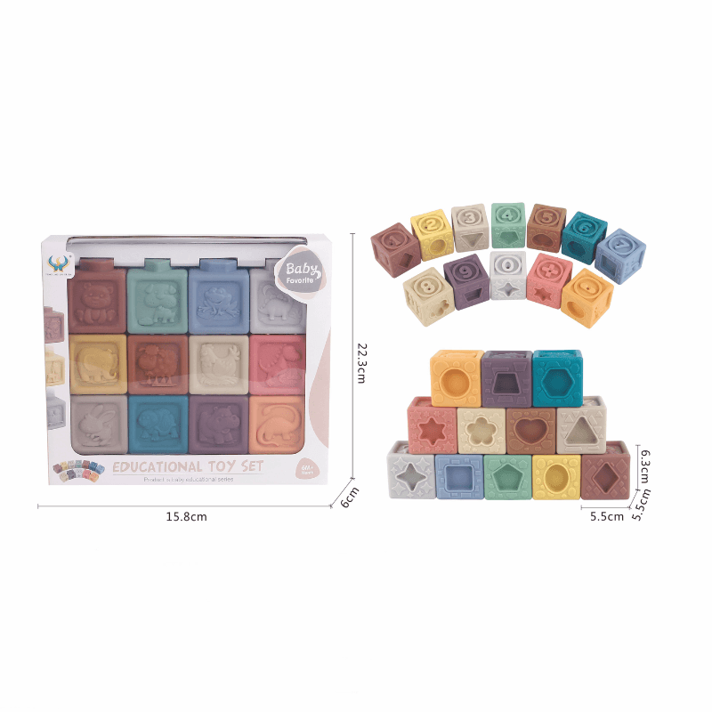 Set Educativ 12 Cuburi Senzoriale din Silicon Ludiro, Numere si Forme, Stivuire Bebelusi +6 Luni - LUDIRO