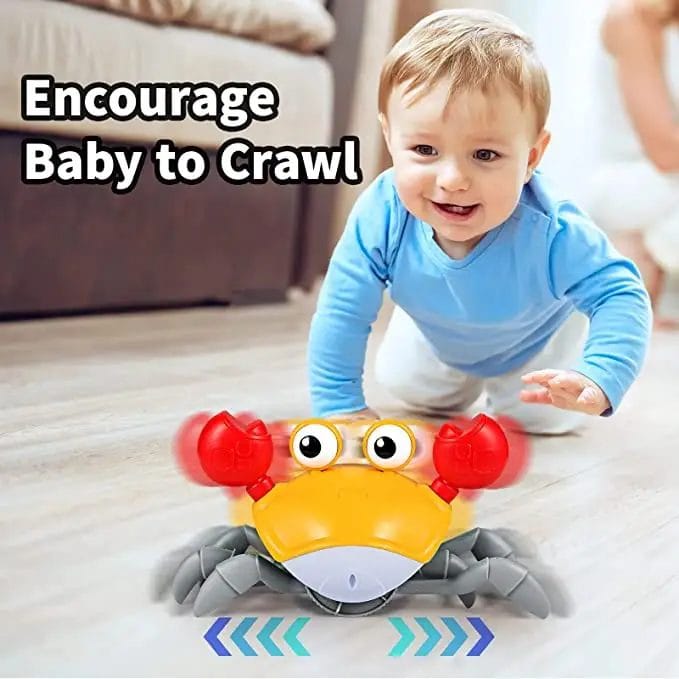Jucarie Interactiva Bebelusi, Crab Care se Taraste, Muzica, Senzor de Obstacole, Stimuleaza Miscarea, Acumulator cu Incarcare USB, Portocaliu, 23x14x11 Cm, + 9 Luni - LUDIRO