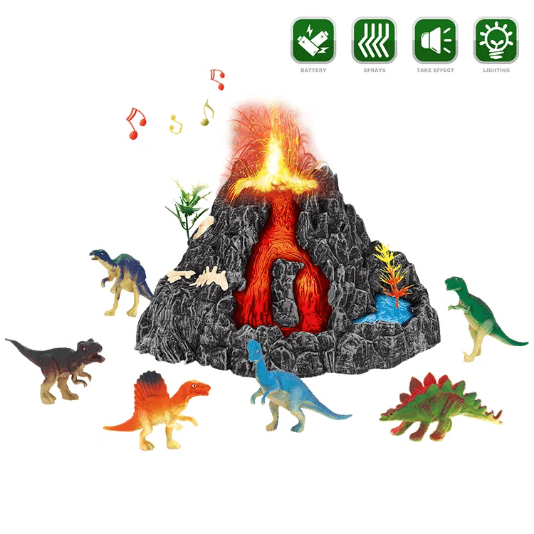 Set Interactiv Vulcan, 6 Dinozauri, Functie Eruptie cu Abur, Lumini Led, Sunete Realiste, Material Rezistent 18x17x11 Cm, +3 Ani - LUDIRO