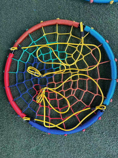 Leagăn rotund tip cuib din frânghii pentru copii, 100 cm, reglabil 120–180 cm, cadru din oțel, max. 150 kg - LUDIRO