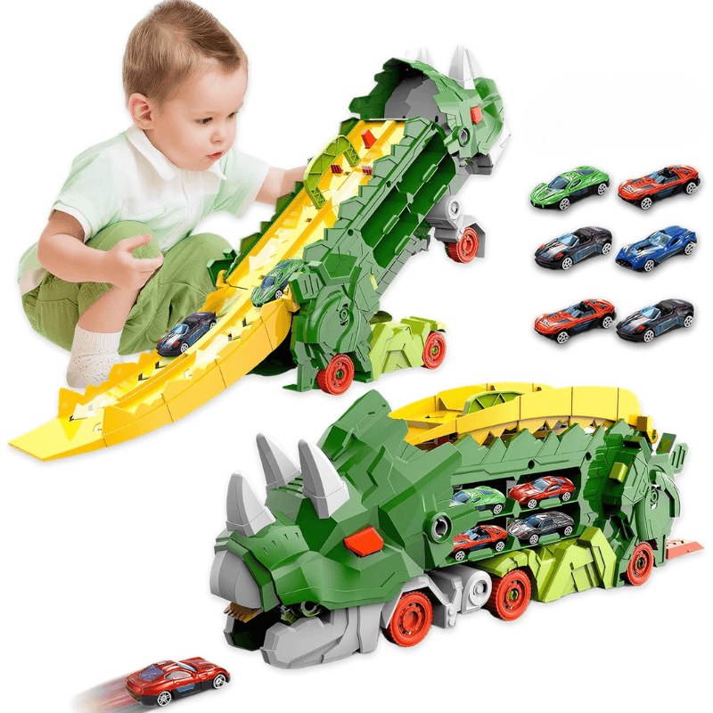 Resigilat - Set Multifunctional Dinozaur 2-in-1, Camion de Transport si Rampa de Lansare cu 6 Masinute, Distractie, Educatie si Dezvoltarea Creativitatii pentru Copii, + 3 Ani, Verde Portocaliu, Utility One - LUDIRO