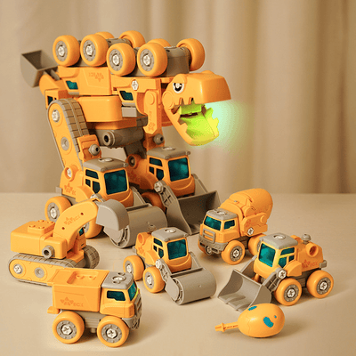 Dinozaur Transformabil 5 in 1 cu Vehicule de Constructii STEM, Sunete si Lumini - LUDIRO