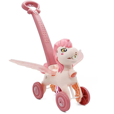 Resigilat - Jucarie Interactiva de Impins, Ponei pentru Baloane de Sapun, Aripi Mobile, Muzica si Lumini Led, Roz, 22.5x12.5x40 cm, +3 ani - LUDIRO
