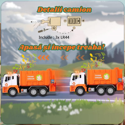 Camion de Gunoi Interactiv Pull Back cu Lumini si Sunete Realiste, Usi mobile, 4 Containere, Stimuleaza Imaginatia si Invata Despre Protectia Mediului, 31x16x10 Cm, Alb Portocaliu, +3 Ani - LUDIRO