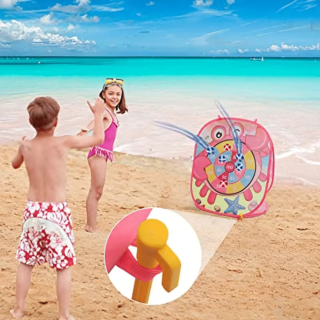 Joc Interactiv 3 în 1 pentru Copii – Țintă Darts cu Bile cu Scai, Pernuțe de Aruncat în Gaură, Bean Bags pentru X și 0, Pliabil cu Husă și Accesorii Fixare, 59x31.5x48.5 cm, Model Crab Roz - LUDIRO