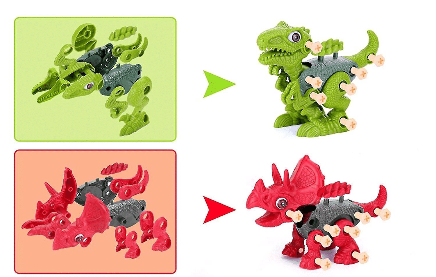 Set 2 Jucarii Interactive STEM DIY, Dinozauri de Construit, Triceratops si Velociraptor, Rosu Verde, + 3 Ani - LUDIRO