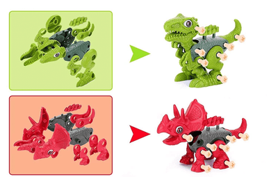 Set 2 Jucarii Interactive STEM DIY, Dinozauri de Construit, Triceratops si Velociraptor, Rosu Verde, + 3 Ani - LUDIRO