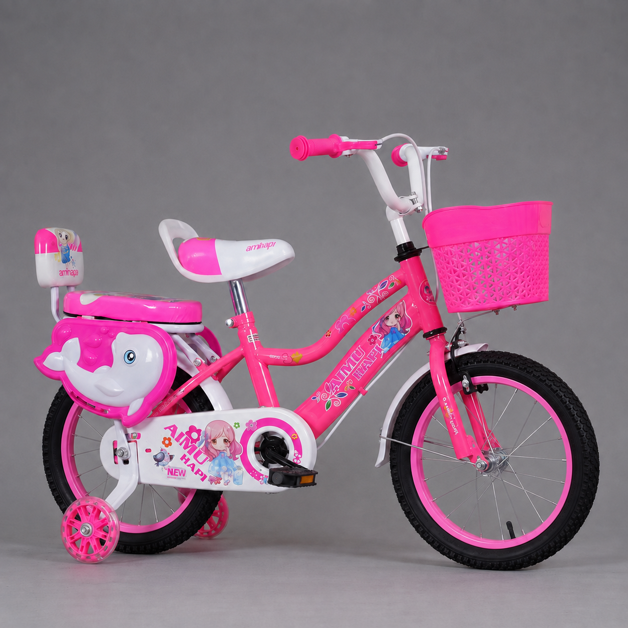 Bicicletă fete 16 inch Delfin roz, design delfin și coș — vedere laterală pe fundal gri