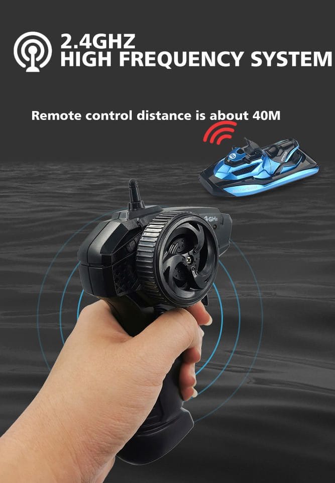 Barca cu Telecomanda, Skijet, Scara 1:47, Motor Dual, Rotatie 360 Grade, Viteza Maxima 15 km/h, Acumulator cu Incarcare USB, 22.5x9x9 Cm, Albastru, + 14 Ani - LUDIRO