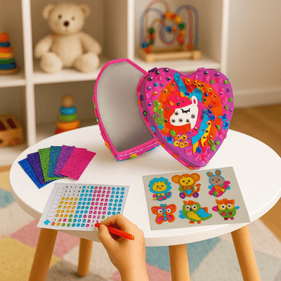 Set Artizanat pentru Copii – Cutie de Bijuterii Inimioară cu Mozaic pe Numere și Stickere cu Animale – 595 Piese, Activitate Creativă 5+ Ani – 12x13x5.5 cm - LUDIRO